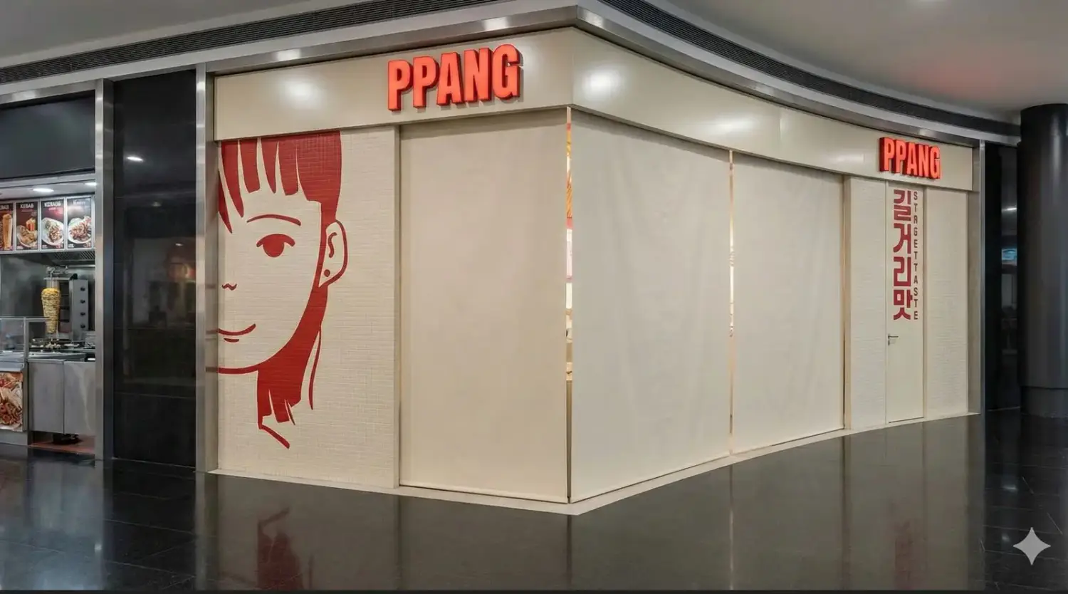 Quiosco cerrado con la ilustración de la chica de Ppang a tamaño de fachada.