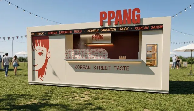 Render del primer food truck de Ppang, con la chica en el lateral y el mostrador Korean street taste.