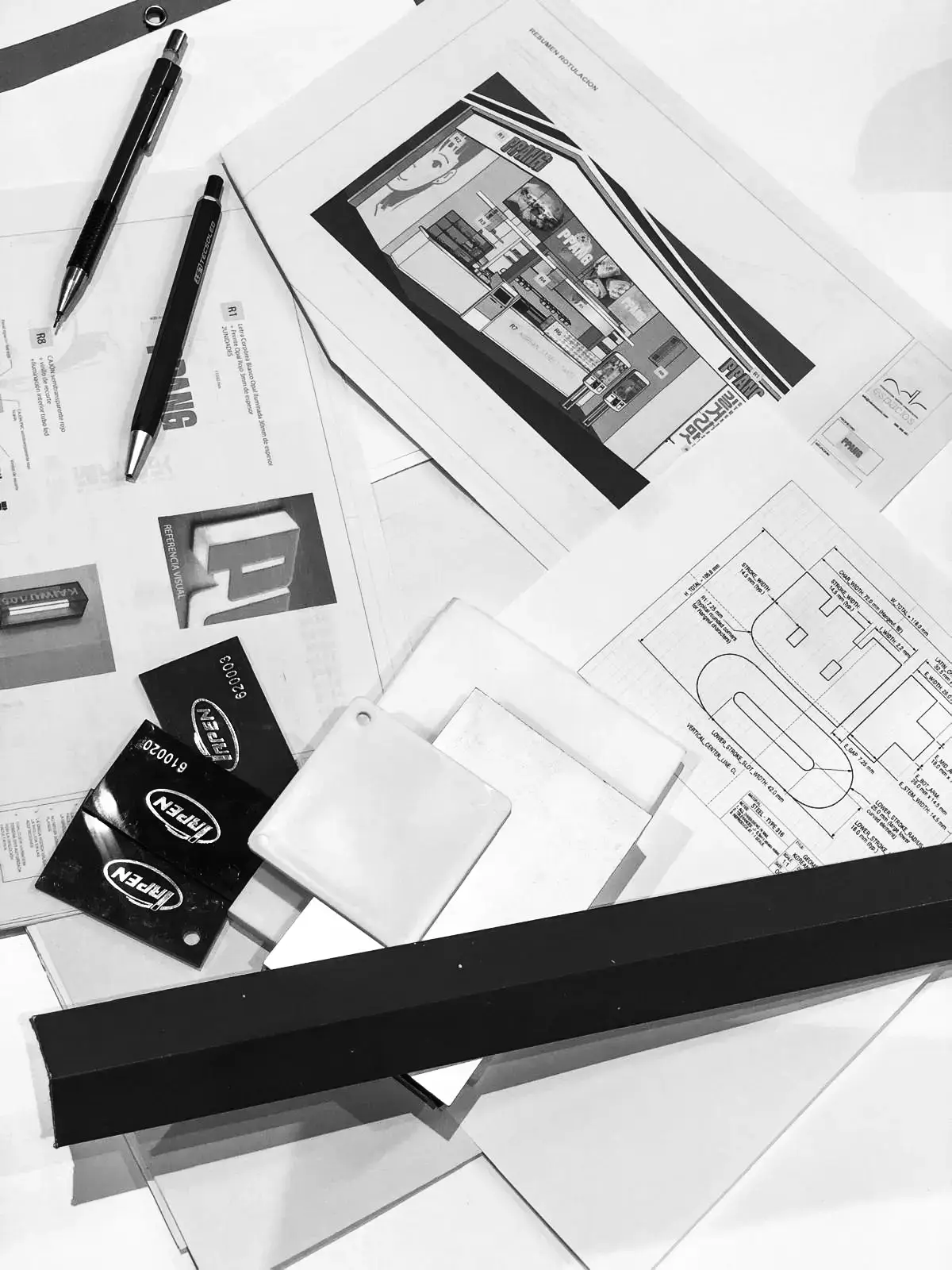 Renders impresos, planta de la barra y muestras de acabado sobre la mesa, en blanco y negro.