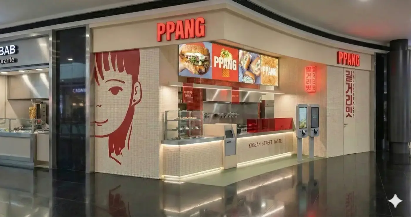 Fachada con vidrio rojo y la barra abierta al pasillo del centro comercial.