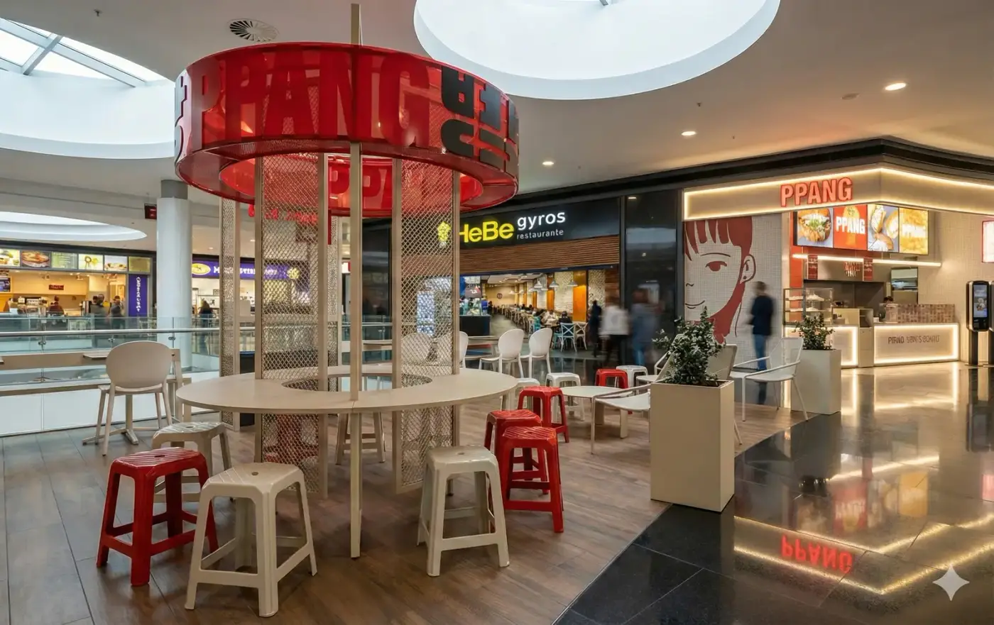 Terraza con la lámpara de Ppang y el food court al fondo.
