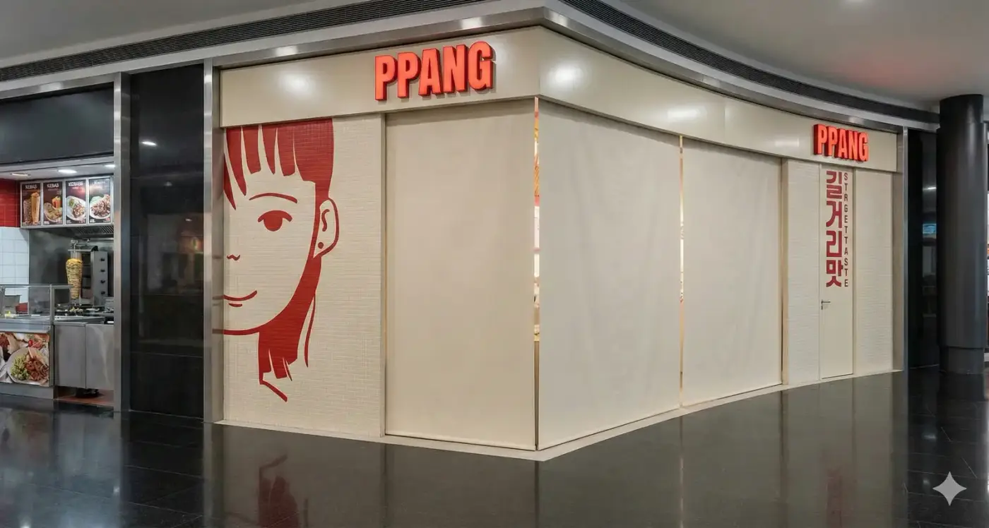 El quiosco cerrado, con la chica de Ppang a escala de fachada.